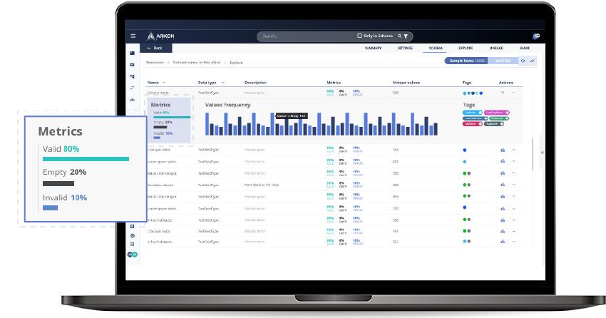 Sección de Arkon Data Platform que muestra métricas de datos válidos e inválidos así como el tipo de información que hay en una base de datos.