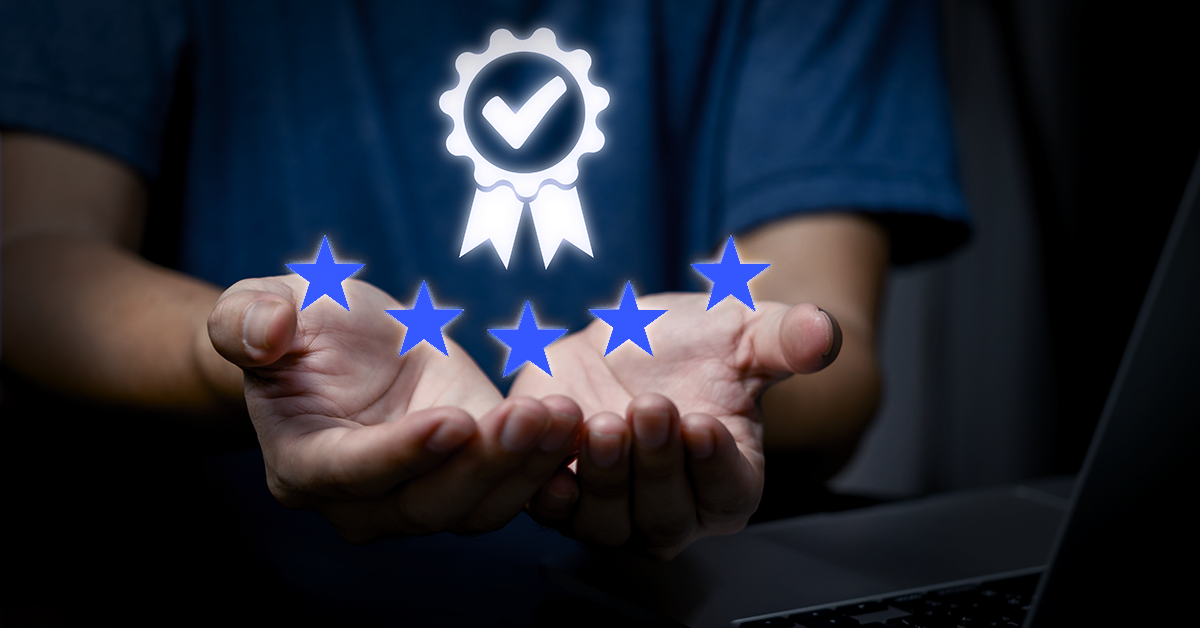 Blog post cover where there are hands with 5 stars which represent quality