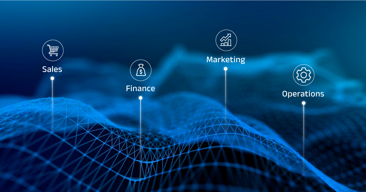 Header of Data Mesh with elements of marketing, sales, finance and operations
